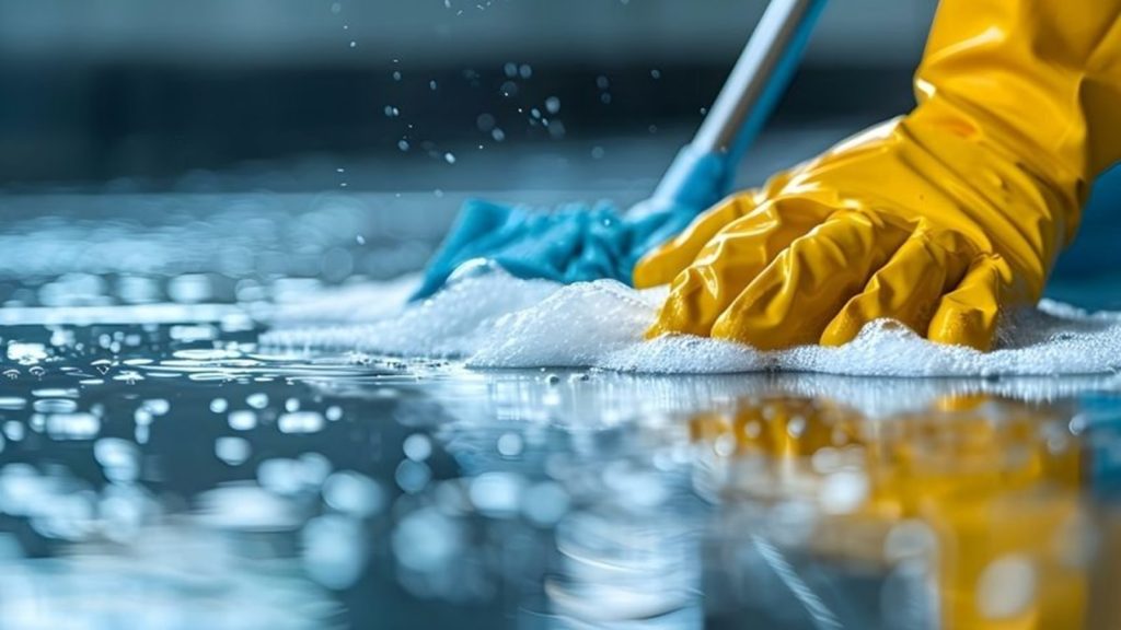 Professional cleaner in gloves washing a hard floor.